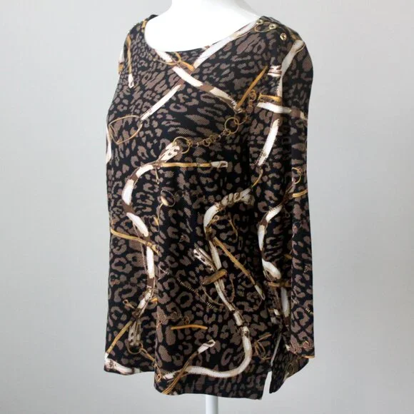 Rafaella Brown 100% Cotton Horse Stirrup Cheetah Print Blouse Large Petite - Picture 4 of 8
